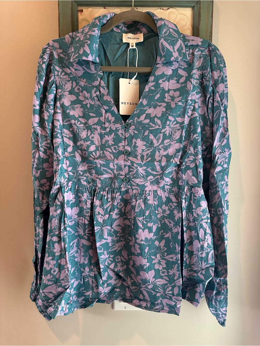 NWT Heyson Teal Floral Collared Button-Front Women's Top - Picture 2 of 6
